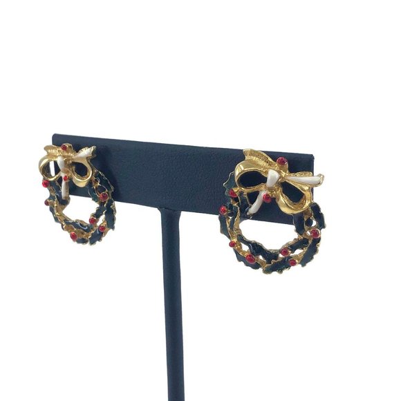Vintage Enamel Christmas Wreath Post Earrings - Picture 3 of 6